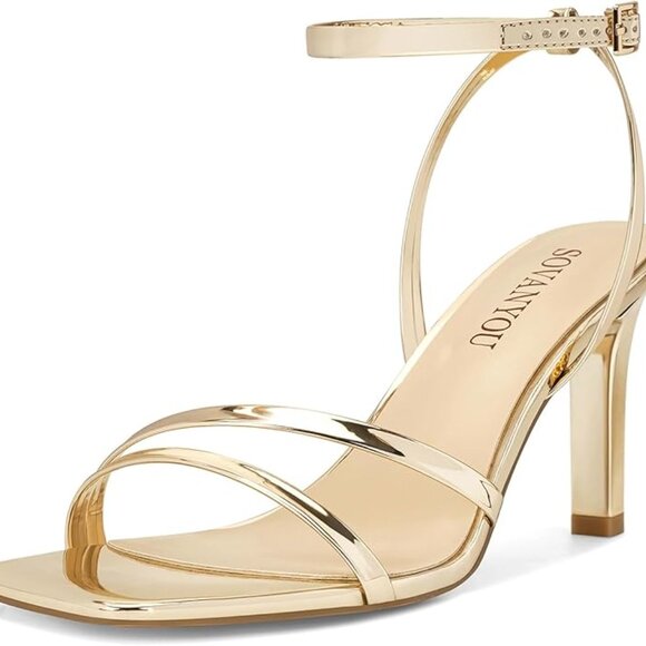 Women's Gold Heeled Sandals Dressy Square Open Toe Strappy High Heels SZ 7.5 - Picture 12 of 12